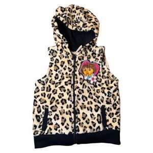 Vtg Dora the Explorer Nickelodeon Leopard Print Fuzzy Hooded Vest Girls Sz 5